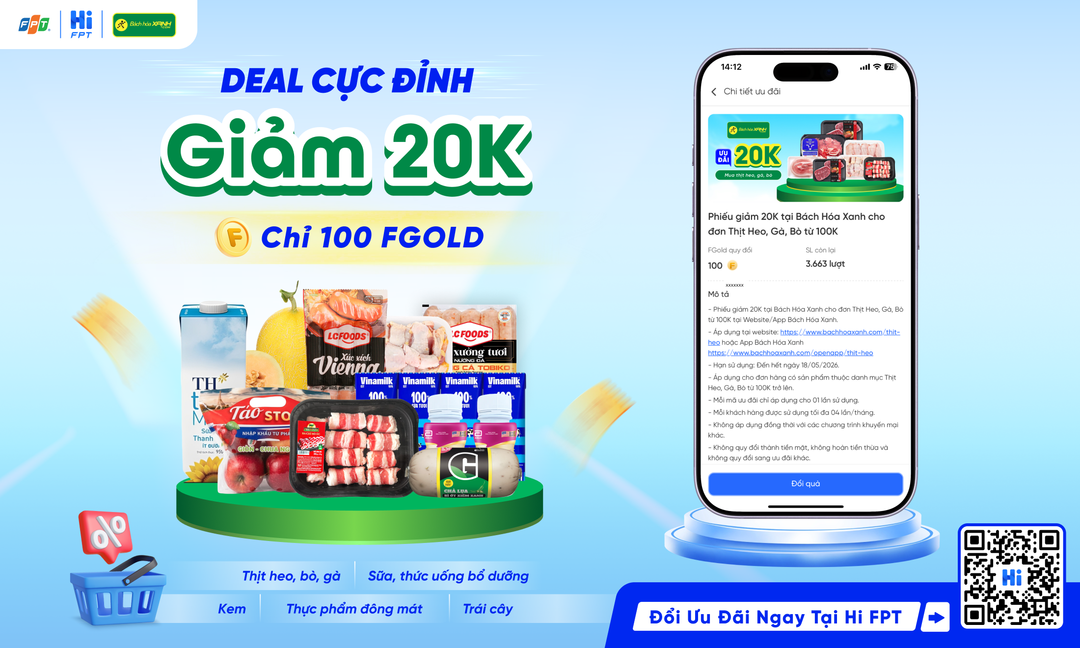 Đặc quyền Hi FPT: 100 FGold đổi Voucher 20K B&aacute;ch H&oacute;a Xanh