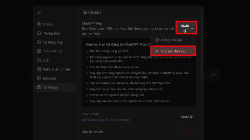 Cách hủy gói ChatGPT Plus trên website
