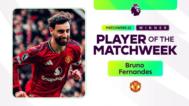 Bruno Fernandes có 5 lần được bình chọn là cầu thủ xuất sắc nhất vòng đấu Ngoại hạng Anh