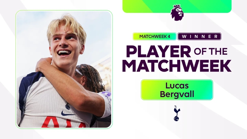 Tiền vệ Bergval của Spurs được bầu chọn là Cầu thủ xuất sắc nhất vòng 4