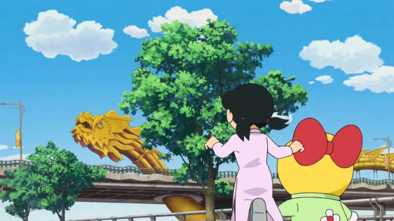 Hình ảnh cầu Rồng trong tập phim Doraemon đến Việt Nam