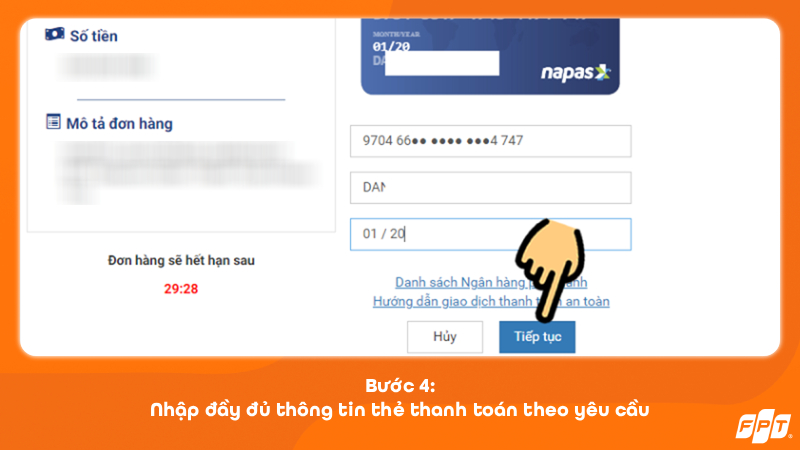 Nhập đầy đủ thông tin thẻ thanh toán theo yêu cầu