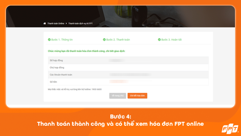 Thanh toán thành công và có thể xem chi tiết hóa đơn đóng tiền mạng FPT online