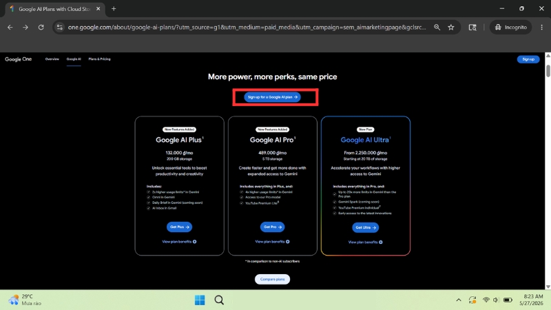 Chọn đăng ký gói Google AI