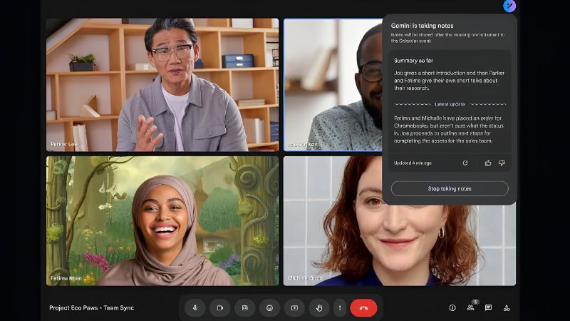 Gemini tự động ghi chép và hiển thị bản tóm tắt trực tiếp ngay trên màn hình Google Meet