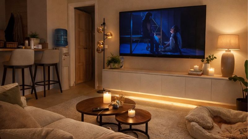 Đèn LED ambient đặt đúng vị trí giúp không gian xem phim vừa đẹp vừa dễ chịu cho mắt