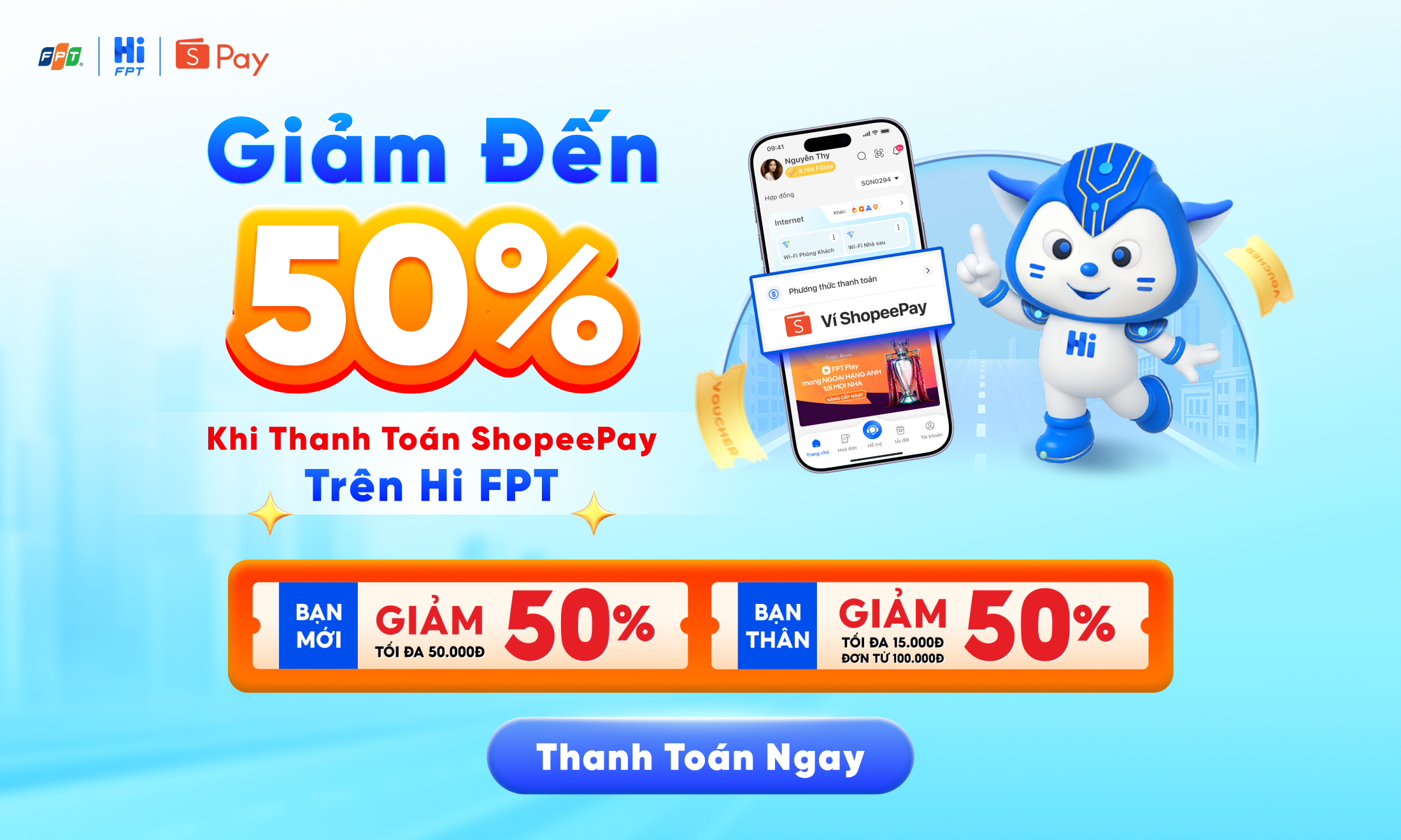 Giảm đến 50% khi thanh to&aacute;n bằng ShopeePay tr&ecirc;n Hi FPT