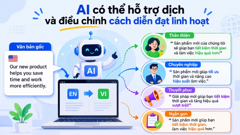 AI có thể hỗ trợ dịch và điều chỉnh cách diễn đạt linh hoạt