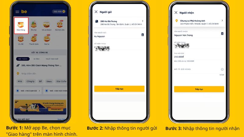 Nhập thông tin liên lạc của người gửi, người nhận.