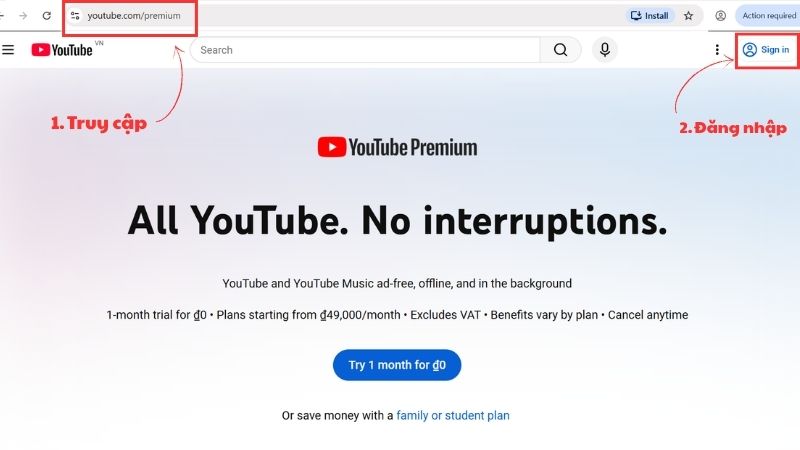 Truy cập trang YouTube Premium