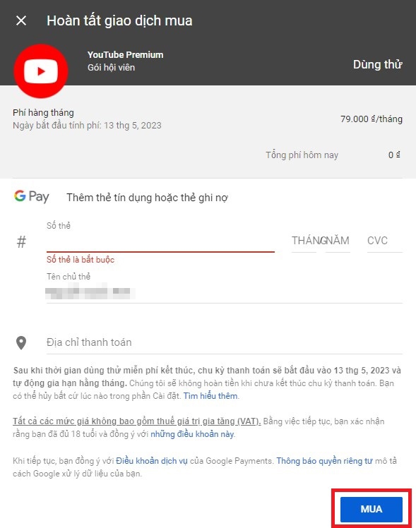 Nhập thông tin thanh toán gói YouTube Premium