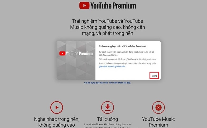 Thông báo đăng ký hoàn tất YouTube Premium
