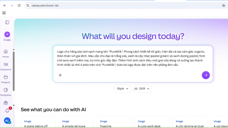Nhập câu lệnh mô tả logo trên Canva Dream Lab