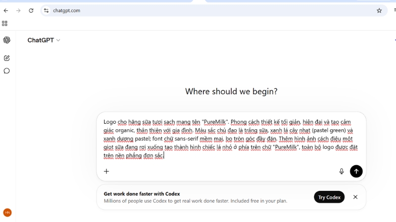 Nhập prompt tạo logo trên ChatGPT