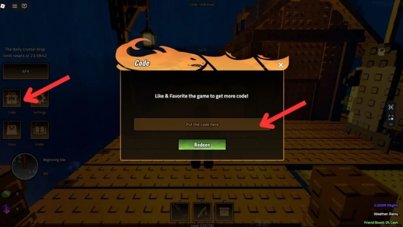 Vào mục Codes, dán mã và bấm Redeem để nhận thưởng