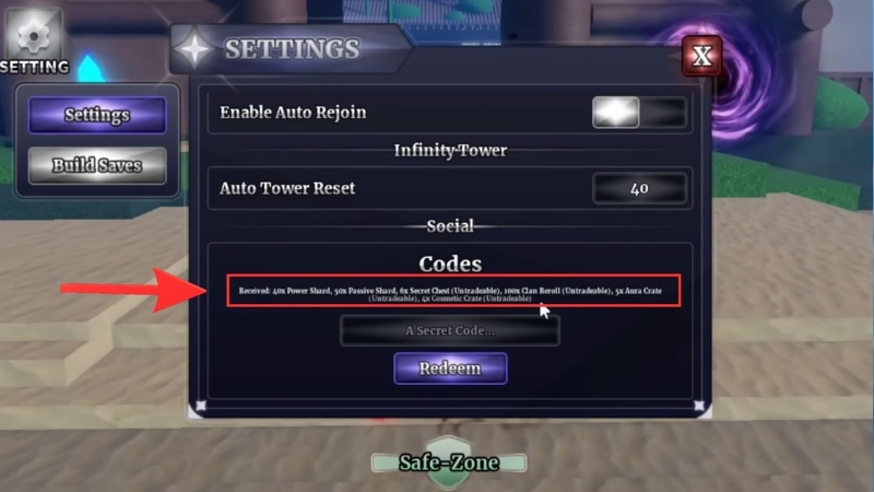 Vào Setting, kéo xuống mục Codes rồi dán mã để đổi quà