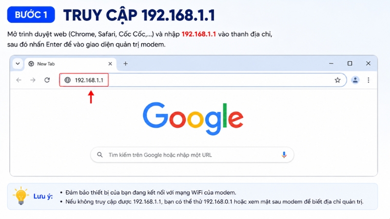 Truy cập 192.168.1.1 để vào giao diện quản trị modem