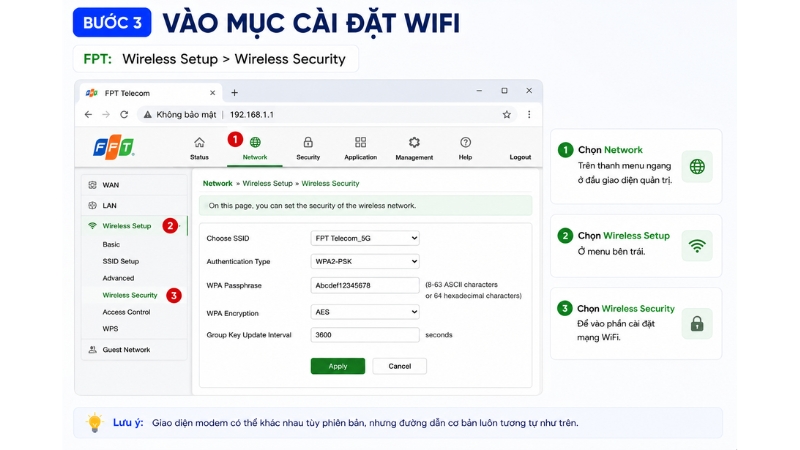 Cách vào mục cài đặt của mạng FPT