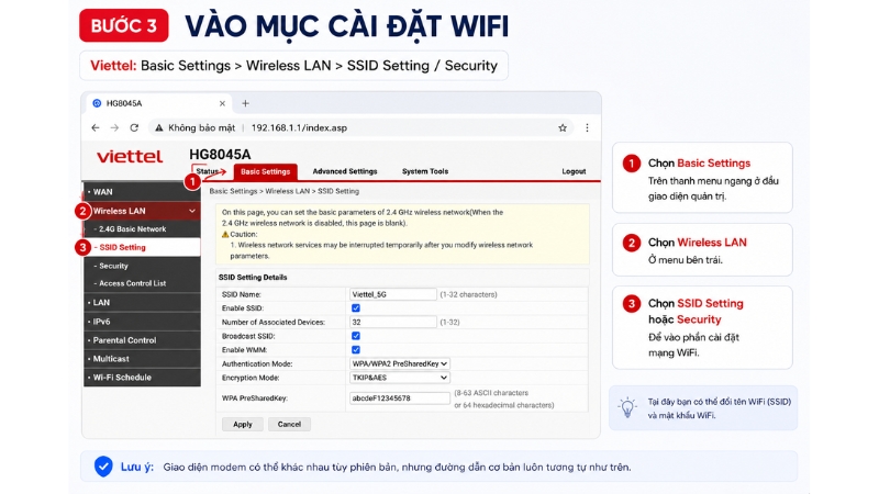 Cách vào mục cài đặt của mạng Viettel