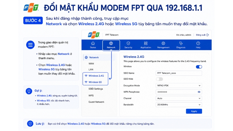 Truy cập mục Network để thay đổi mật khẩu