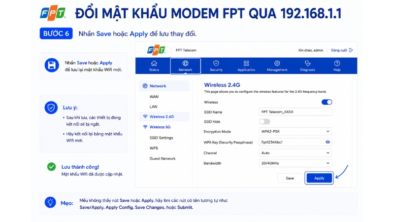 Nhấn Save hoặc Apply để lưu thay đổi