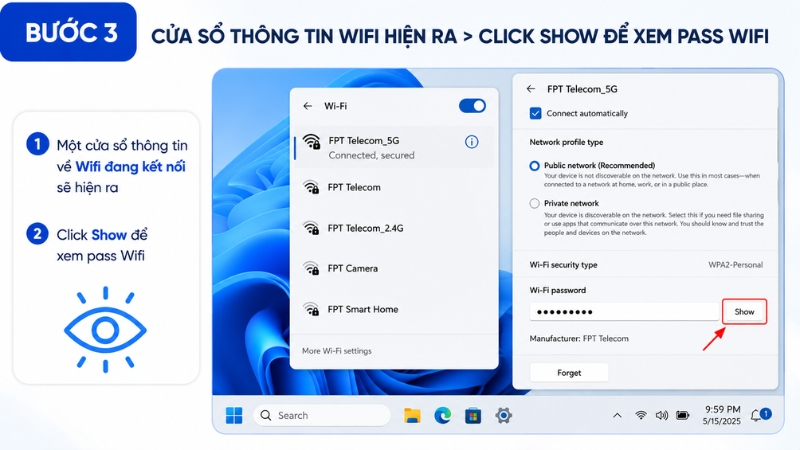 Click vào chữ show để xem mật khẩu của Wifi