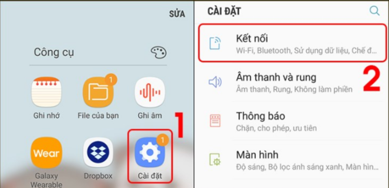 Bạn chọn vào biểu tượng Cài đặt và bấm vào mục Kết nối