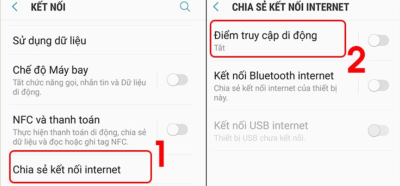 Chọn Chia sẻ kết nối Internet và bấm vào Điểm truy cập di động