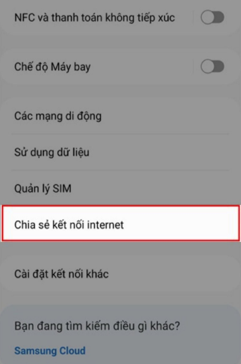 Vào Cài đặt > Kết nối > Chia sẻ kết nối Internet