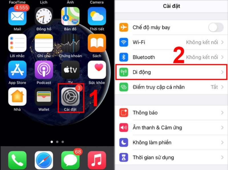 Bạn truy cập vào mục Di động trong phần Cài đặt của điện thoại