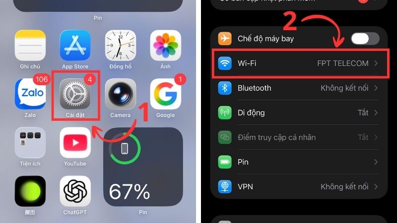 Truy cập mục Wifi trong phần Cài đặt trên iPhone để xem và quản lý mạng Wifi đang kết nối.