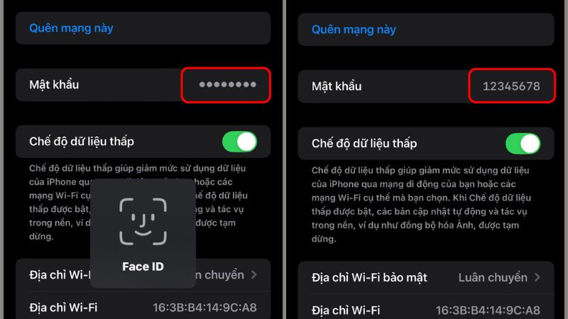 Face ID hoặc Touch ID giúp bảo vệ thông tin mạng Wifi trước khi hiển thị mật khẩu.