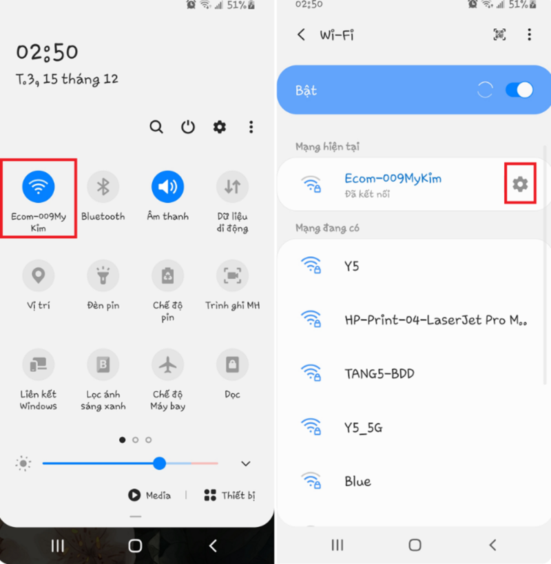 Nhấn vào biểu tượng cài đặt) bên cạnh tên mạng để mở chi tiết cài đặt Wifi