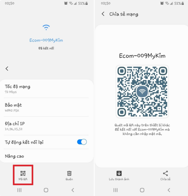 Kéo xuống dưới cùng và chọn Mã QR chứa thông tin đăng nhập Wifi hiện tạ