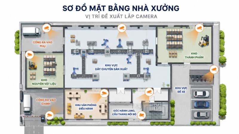 Một vài vị trí lắp đặt Camera trong nhà xưởng