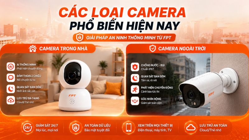 FPT cung cấp các dòng camera trong nhà và ngoài trời với khả năng giám sát thông minh, hình ảnh sắc nét và quản lý từ xa tiện lợi.