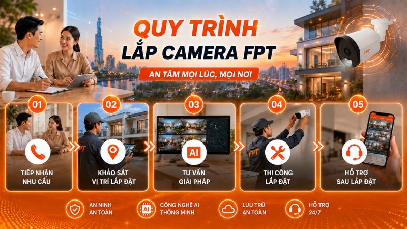 FPT cung cấp quy trình lắp camera trọn gói với các bước khảo sát, tư vấn, thi công và hỗ trợ kỹ thuật tận nơi.
