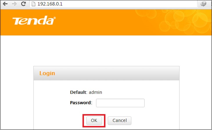 Giao diện đăng nhập trang quản trị modem Tenda.