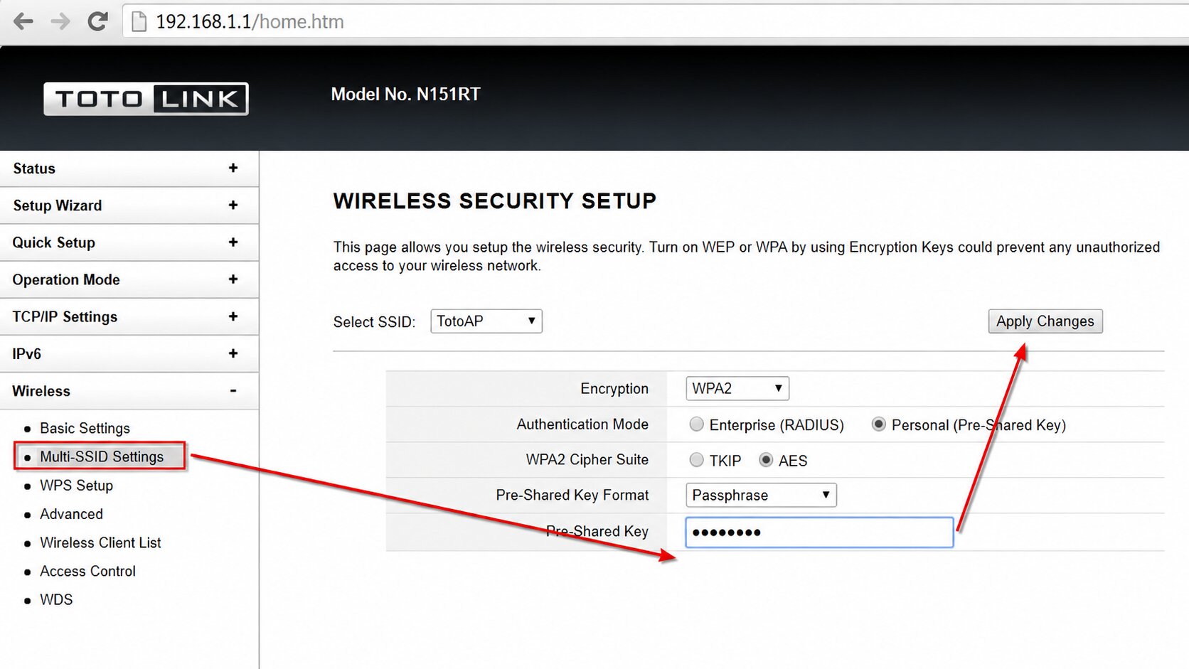 Giao diện đổi mật khẩu Wifi trên router Totolink trong mục Wireless Security Setup.
