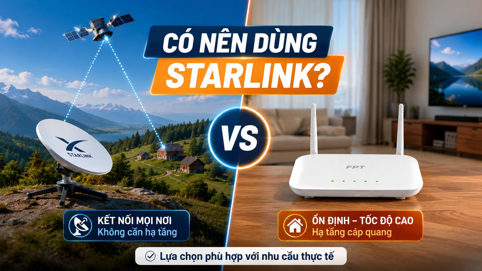 Starlink và cáp quang – mỗi công nghệ đều có lợi thế riêng trong từng điều kiện kết nối.
