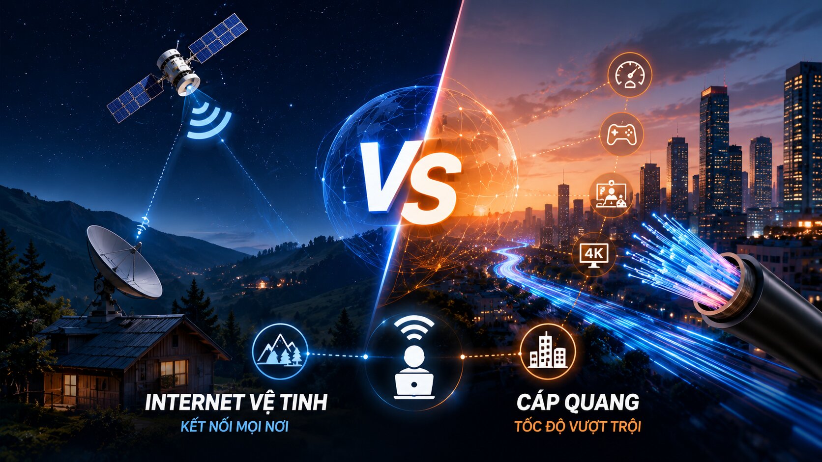 Internet vệ tinh hay cáp quang? Mỗi công nghệ có thế mạnh riêng cho từng nhu cầu kết nối.