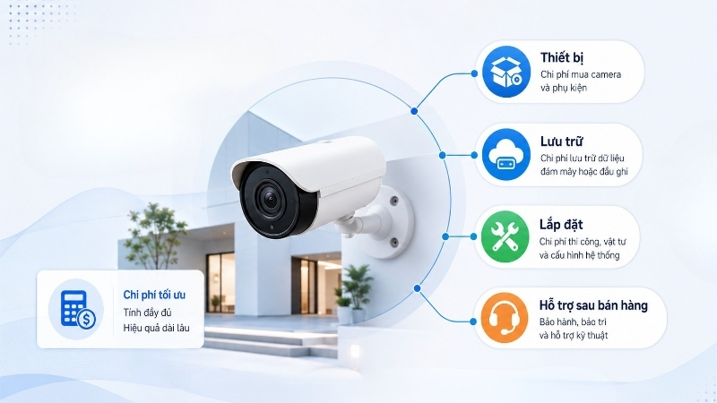 Chi phí camera nên được tính theo cả thiết bị, lưu trữ, lắp đặt và hỗ trợ sau bán hàng