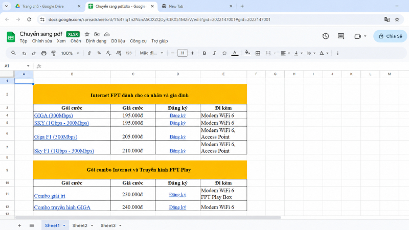Giao diện khi mở file Excel trên Google Sheet