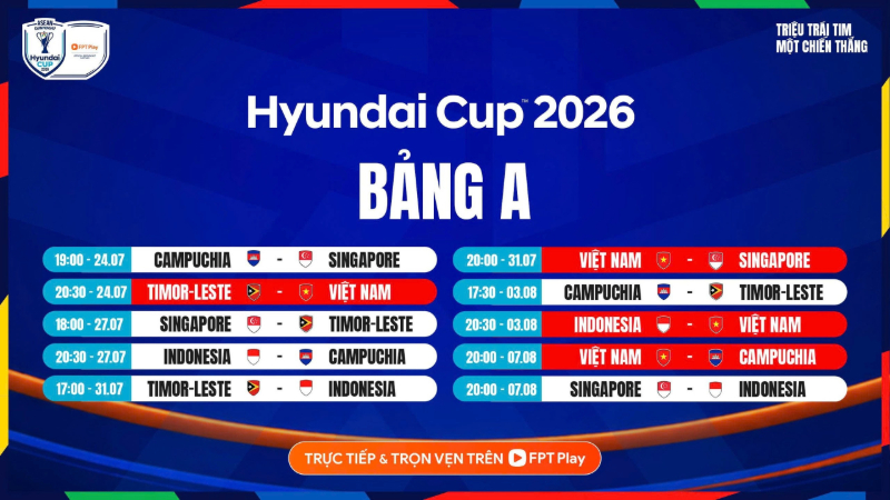 Lịch thi đấu đội tuyển Việt Nam tại ASEAN Hyundai Cup 2026