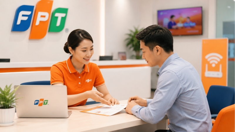 Khách hàng đến trực tiếp văn phòng FPT để được nhân viên hỗ trợ đăng ký lắp Internet