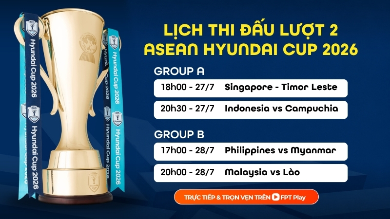Lịch thi đấu lượt 2 ASEAN Hyundai Cup 2026 (ASEAN Cup 2026)