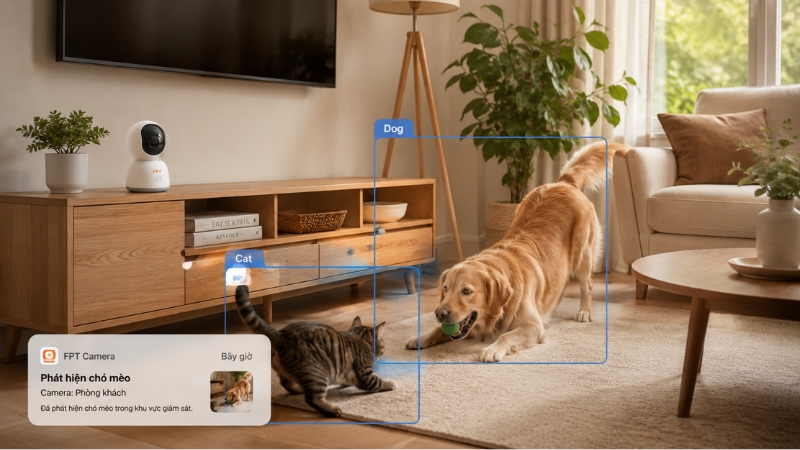 Camera FPT sử dụng AI để phân tích, nhận diện chó/mèo và gửi thông báo đến người dùng