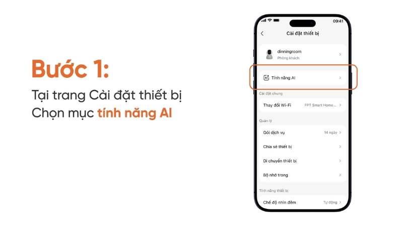 Tại trang Cài đặt thiết bị, chọn mục tính năng AI