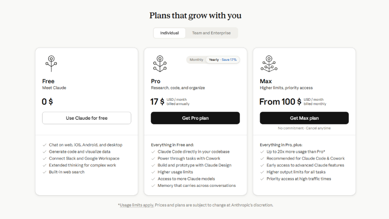 Claude Pro có giá 20 USD/tháng