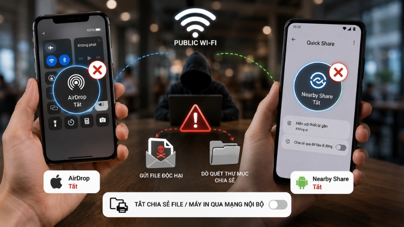 Người dùng nên tắt AirDrop/Nearby Share và chia sẻ file